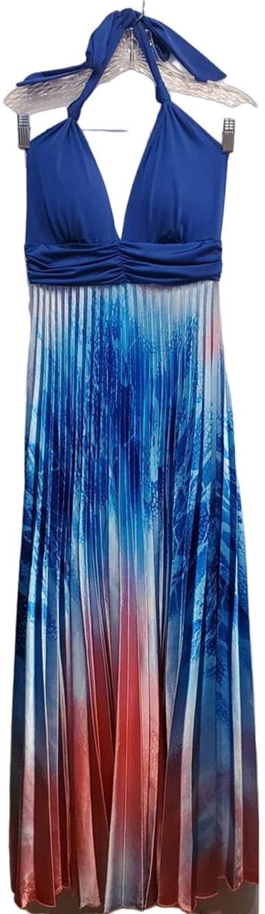 VA Va Voom Sexy Halter Silky Multicolored Top Maxi Accordion Dress Size Medium